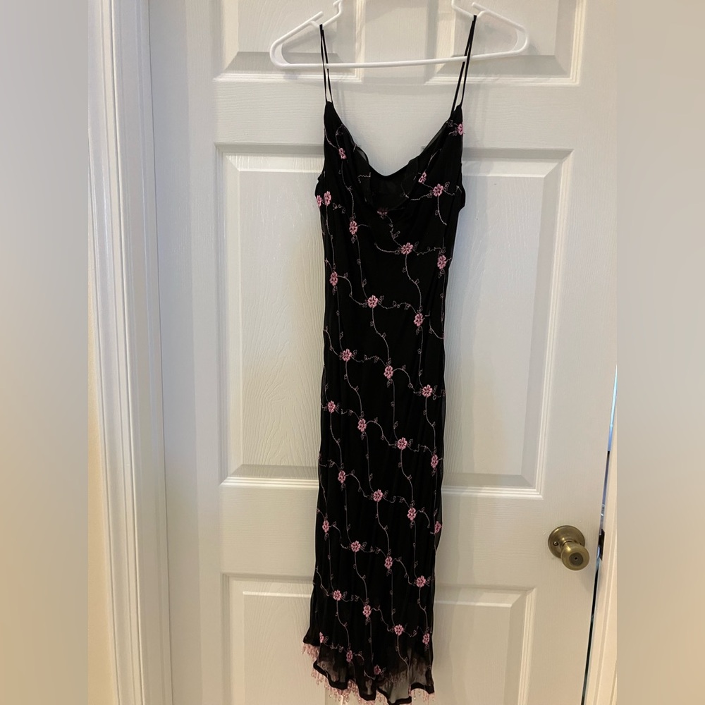Betsey Johnson Black Midi Dress with Pink Floral Design